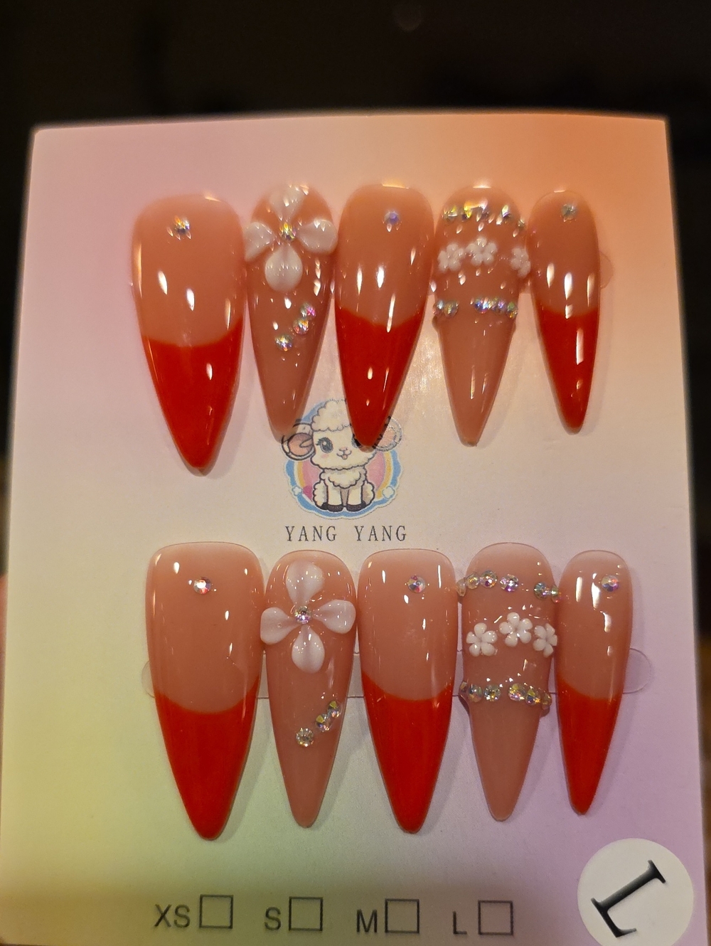 Red/ Orange Tip Stiletto Press-On Nails with Flower Accents Size Large